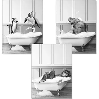 artpin® Poster Badezimmer Deko Bilder Bad schwarz-weiß DIN A4 | WC Deko Wandbilder Affe Elefant Pinguine B14