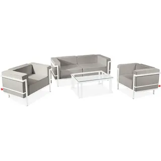 Konsimo Gartenlounge-Set TRIGLO Gartenmöbelset hergestellt in der EU, (4-tlg., 1x Tisch, 2x Sessel, 1x Sofa 2-Sitzer), Modern, handgefertigt, Stahlrahmen, mit Auflage grau|weiß