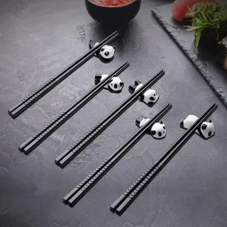 5 Paar chinesische Legierung-Essstäbchen + 5 Stück Panda-Keramik-Stäbchenhalter, Fiberglas-Essstäbchen, Rutschfeste Stäbchen für Restaurant, wird in der asiatischen Küche verwendet