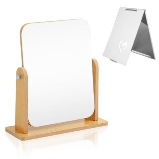 FINEASY Kosmetikspiegel, Tischspiegel mit Kleiner Spiegel, 360 Grad Drehung Schminkspiegel Stehend Holz für Schminktisch Schlafzimmer Schreibtisch Badezimmer