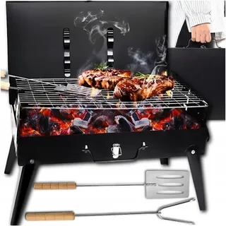 Tragbarer Koffergrill Faltbar – Holzkohle-Gartengrill & Campinggrill – Klappbarer Picknick-Grill mit Zubehör – 3-stufige Rostverstellung - Schwarz