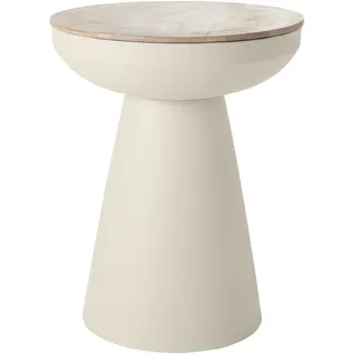 Runder Design-Beistelltisch mit Ablage aus hellbeigem Metall und massivem Mangoholz H52 cm TAM