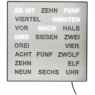 AMS Wanduhr Wortuhr LED Wanduhr Tischuhr 28x28cm (Anzeige in Wort und Schrift) silberfarben