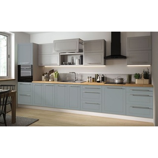 Wohnküchenzeile Küche 400cm grau / dust grey - mint Griffe Typ G47