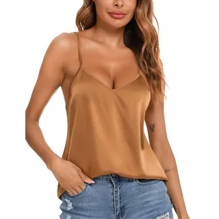 VIDUSSA Damen Satin Cami Tank Top Seidentop Shirt Ärmellose V-Ausschnitt Blusen Spaghetti Oberteile Khaki L - L