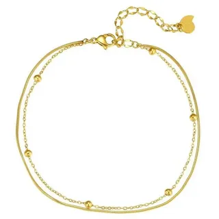 Hey Happiness Fußkette Layer Kugeln, Zweischichtige Satellite & Schlangen Kette, Doppeltes Edelstahl Damen Fußkettchen, wasserfest goldfarben