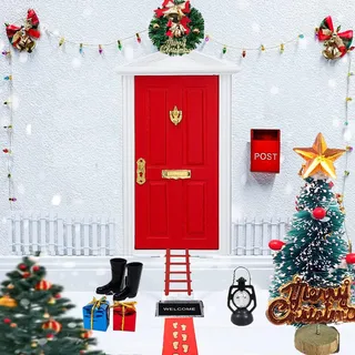 Wichteltür Zubehör Weihnachten 20PCS,Wichteltür Zubehör Set Rot, Miniatur Puppenhaus Wichtel Tür mit Mini Schlüssel, Lichtstreifen,Ballon ,Zaun,Teppich,Laterne,Holzleiter,weihnachtswichtel zubehör......