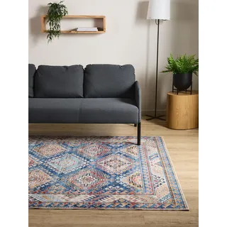 Interiyou Vintage Teppich Wohnzimmer Gent - 140x200 cm Blau - Für Schlafzimmer, Esszimmer, Kinderzimmer - Kurzflor waschbar und rutschfest, Print Muster