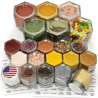 Magnetische Gewürzgläser-Kombination 21er-Set (6 große 4 oz + 15 kleine 2 oz) Kühlschrank Sechseck Glas Gewürzgläser Magnetischer Deckel Shaker Gewürzetiketten Magnetische Glas Gewürzbehälter für RV
