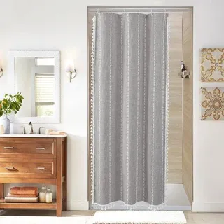 Famanu Duschvorhang Stoff - Kreukfreies Baumwoll-Leinen - 91 x 183 cm - Grau