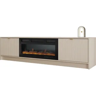 Mirjan24 TV Schrank Tireno EF mit Elektrischem Kamin mit Heizung, Realistische LED-Flamme, 2 Klappe, gefräster Front, Fernsehschrank, TV Lowboard Fernsehtisch (Sandbeige)