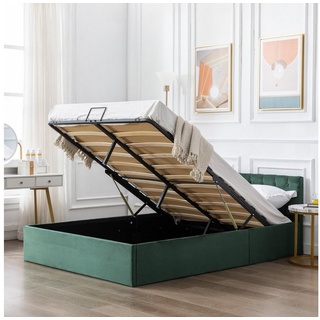 Celya Polsterbett 140 x 200 cm Bett mit Bettkasten, Samt-Stoff Polsterbett Lattenrost Doppelbett Stauraum Holzfuß schwarz grün