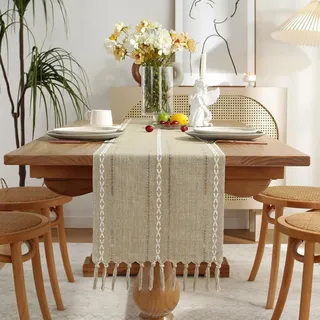 Wracra Tischläufer Kaffee Baumwolle Leinen, Tischläufer Modern Outdoor | 33 × 180 cm, Tischläufer Herbst Boho, Abwaschbar, Gestickt Hohlsaum, Hitzebeständig, Dick und Robust, Esszimmer, Wohnkultur