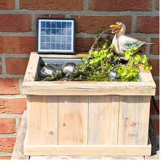 Miniteich Komplettset - Solar Wasserspiel Möwe aus Keramik - Holzkiste mit Kunststoffeinsatz - 6 Schwimmkugeln - Gartenbrunnen für Balkon - Terrasse