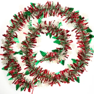 Weihnachts-Lametta-Girlande: 10 m grünes, rotes und weißes Metallic-Lametta für Weihnachtsbaum und Kranz