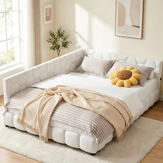 INONEFT Polsterbett 140 x 200 cm mit LED und USB, Schlafsofa mit Lattenrost, Eckbett, Kinderbett, Doppelbett, für Jugendliche, Wolle, Weiß - Weiß