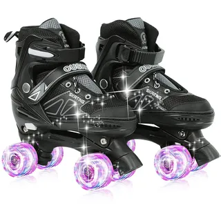 Supfine Kinder-Roller für Mädchen und Jungen, Erwachsene, Rollschuh mit 8 Rädern, Rollschuh für Kinder 4 Größen verstellbar, Rollschuhe mit Doppelreihe (Schwarz, leuchtende Räder, S)