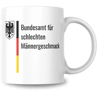 GRAVURITE - Lustige Bundesamt Männergeschmack Tasse, Geschenk beste Freundin, Spruchtasse Keramik, Witzige Tasse, Lustiger Becher Junggesellenenabschied, Amt, Keramik, Weiß, 330ml, Spülmaschinenfest