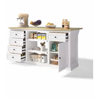 Sideboard Kücheninsel Bar-Schrank 150x65x75 cm Weiß Natur mit klappbarer Erweiterungsplatte, 5 Schubladen, Steckdosen und USB-Ports
