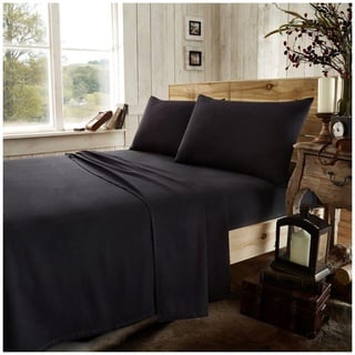 Biber-Bettlaken für Einzelbett, warm und gemütlich, einfarbig, Baumwolle, Schwarz