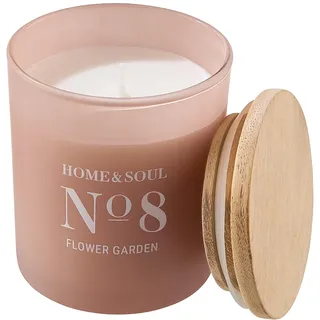BUTLERS Duftkerze im Glas mit Holzdeckel -Flower Garden No. 8 Home & Soul- Natürliche Sojawachs-Kerze 35 Std. Brenndauer | Aromakerzen & Aromatherapie-Duft für den Winter
