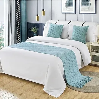 Morbuy Moderne Hotel Bettläufer Schals Quasten Schal Bettlaufer Bettschal Bettschwanz Handtuch Dekoration Für Einzel Queen King Size Bett Flagge (1 pc Kissenbezug 45x45cm,Hellblau)
