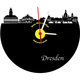 Wanduhr Dresden Skyline, schwarz-gelb, Fußballuhr, hochwertige Acrylglasuhr mit Quarzwerk, 3 mm Stärke