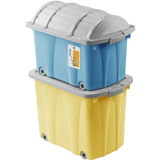 PAFEN Piraten Spielzeugkisten SET  2x Schatzkiste 49l + 62l mit Rollen Gelb/Blau