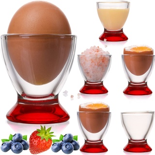 PLATINUX Rote Eierbecher Set (6-Teilig) aus Glas Eierständer Eierhalter Frühstück Egg-Cup Brunch Geschirrset