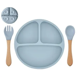 König Design Kindergeschirr-Set Babyteller Kinderteller mit Saugnapf Teller mit Löffel Gabel, 1 Personen, Silikon BPA Frei Baby Tischset für Baby und Kinder