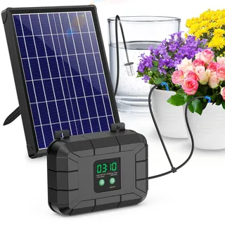 Biling 8W Solar Bewässerungssystem mit 3600mAh Akku Tag & Nacht Urlaub | 168 Einstellmodi, 900l/h Durchfluss, 15m Schlauch, Automatische Bewässerung für 15–20 Töpfe Balkon Hochbeete Gewächshäuser