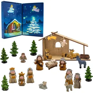Spetebo Holz Weihnachts Krippenstall mit Kunststeinfiguren - 26 x 13 cm