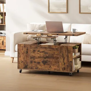 Woltu Couchtisch Höhenverstellbar, Beistelltisch Mit Rollen, Hebeplatte Schublade, Wohnzimmertisch Offener Und Versteckter Stauraum, Rustikales Braun