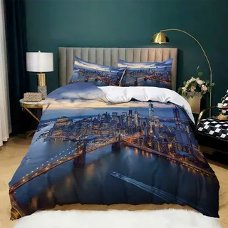 CozyRest Bettwäsche Set 135x200 cm Skyline Von New York City In Der Abenddämmerung Bettbezug Set Weiche Microfaser Brooklyn Bridge Deckenbezug mit Reißverschluss und 2 Kissenbezug 80x80cm