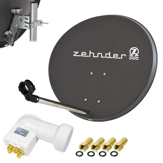 Zehnder 60cm Spiegel Schüssel Stahl + LogiSat Quad LNB | 4 Teilnehmer HD Digital SAT Anlage Set anthrazit | DVB-S/S2 Full HDTV 3D 4K Ultra HD UHD Empfang