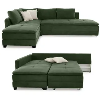 Federkern Ecksofa B306/T223/H95 cm Dauerschläfer, Doppelbett Schlaffunktion, Kaltschaum-Topper, Bettkasten, Nachtkonsole, Schwenkteil links oder rechts montierbar, Bezug Cord Grün / 15164