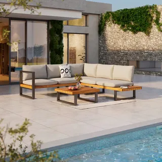 Ambia Garden Loungegarnitur, Grau, Teak, Holz, Metall, Textil, Akazie, massiv, 234x216 cm, Bsci, FSC 100%, Loungemöbel, Gartenlounge-Sets