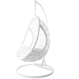 KIDEO Komplettset: großer Hängesessel mit Gestell & Kissen, Hängesessel weiß, Lounge Möbel, Poly-Rattan, weiß (Kissen: weiß Nest (1000 Snow))