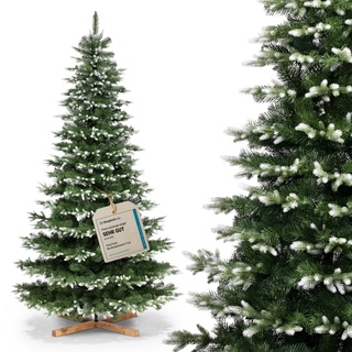 FairyTrees Weihnachtsbaum künstlich 220cm NORDMANNTANNE Edel Weiß mit Christbaum Holzständer | Tannenbaum künstlich mit Naturgetreue Spritzguss Elemente | Made in EU