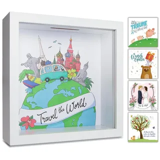 GLÜCKSWOLKE Spardose mit 6 Motive zur Auswahl, (Wunscherfüller, Dream Big, Lebensbaum, Travel the World, Hochzeit, Sparschwein, Kinder), Geldgeschenke Verpackung für Geburtstag I Sparbüchse Junge & Mädchen weiß