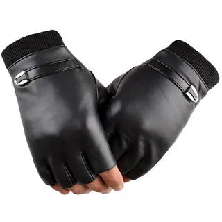 Fingerlose Handschuhe,1 Paar PU Leder Fahrhandschuhe Männer Frauen Teens Halbe Finger Handschuhe Lederhandschuhe ohne Finger Schwarz Fäustlinge für Outdoor Sport Radfahren Moto