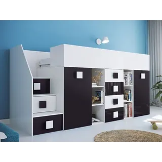 Kinderbett Hochbett T-3L, mit Schreibtisch, Schrank und Schubladen. Farbe Weiß/Schwarz
