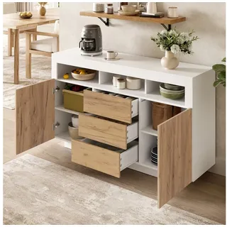 MODFU Sideboard für Wohnzimmer, Flur oder Küche (mit 3 Schubladen und 2 Türen, geeignet für Wohnzimmer, Flur oder Küche, Naturholzoptik + Weiß, 1 St., B140/T40/H85 cm) 140 cm x 85 cm x 40 cm