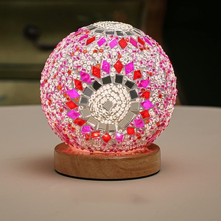 SUAVER LED Nachttischlampe, Wiederaufladbar Mosaik Glas Tischlampe mit 3 Farbtemperaturen,Dimmbaren Nachtlicht Schreibtischlampe Dekoration Kugellampe für Wohnzimmer,Couchtisch(style2-pink)
