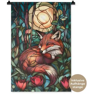 MuchoWow Wandteppich Fuchs - Mosaik - Wald - Mond, Rechteckig, Höhe: 3 mm, Wandtuch, Wohnzimmer Deko, 60x90 cm Rechteckig | 60 cm x 90 cm x 3 mm