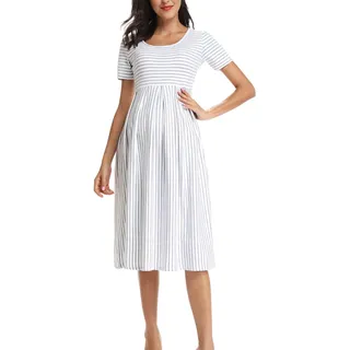 BBHoping Damen Casual Gestreiftes Umstandskleid Kurz Knielang Schwangerschaftskleidung für Babyparty, B-Weiß Grau gestreift, Mittel - M