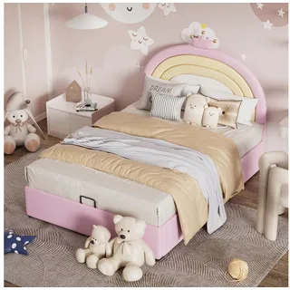 NMonet Polsterbett Kinderbett (höhenverstellbares Kopfteil), Doppelbett, mit Hydraulischer Bettkasten, Kunstleder, 140x200cm rosa