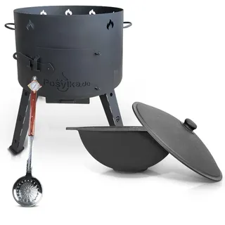 Utschak Feuerofen Ø 49 cm mit Gusseisen Topf flacher Boden mit Deckel (22 L) KazanoFF, Uchag Schaumlöffel für Plov, 64 cm, Kazan Kasan Usbekisch, казан Camping, Gulaschkanone Dutch Oven (Set 22F-5)