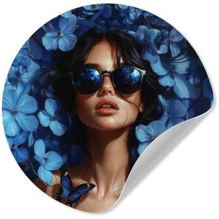 MuchoWow Wandsticker Frau - Blau - Blumen - Schmetterlinge - Natur (1 St), Tapetensticker Selbstklebend, Wandbild Wohnzimmer, 80x80 cm blau 80 cm x 80 cm x 0.1 cm
