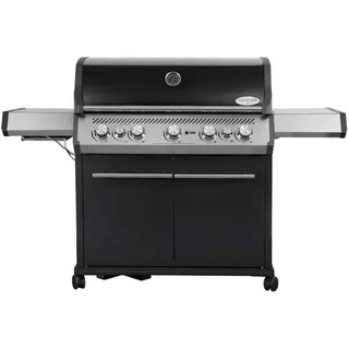 SANTOS Gasgrill S-518 mit 5 Hauptbrenner, Infrarotseitenbrenner & Heckbrenner | inkl. Drehspieß, Rostheber & Silikonablage | Schwarz/Silber